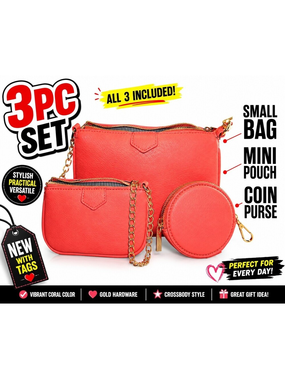 3PC Set: Small Purse, Mini Purse & Coin Purse – Coral Crossbody